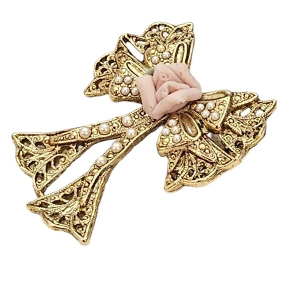 1928 Brand Gold Tone Faux Pearl Filigree Porcelain Rose Bow Brooch Pin L345 - Picture 2 of 9